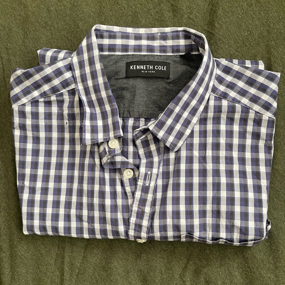 Kenneth Cole Men's Checkered Blue and White Shirt
